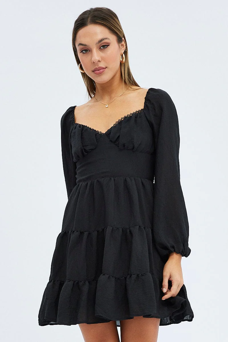 Black Fit and Flare Dress Long Sleeve Tiered - Image 3