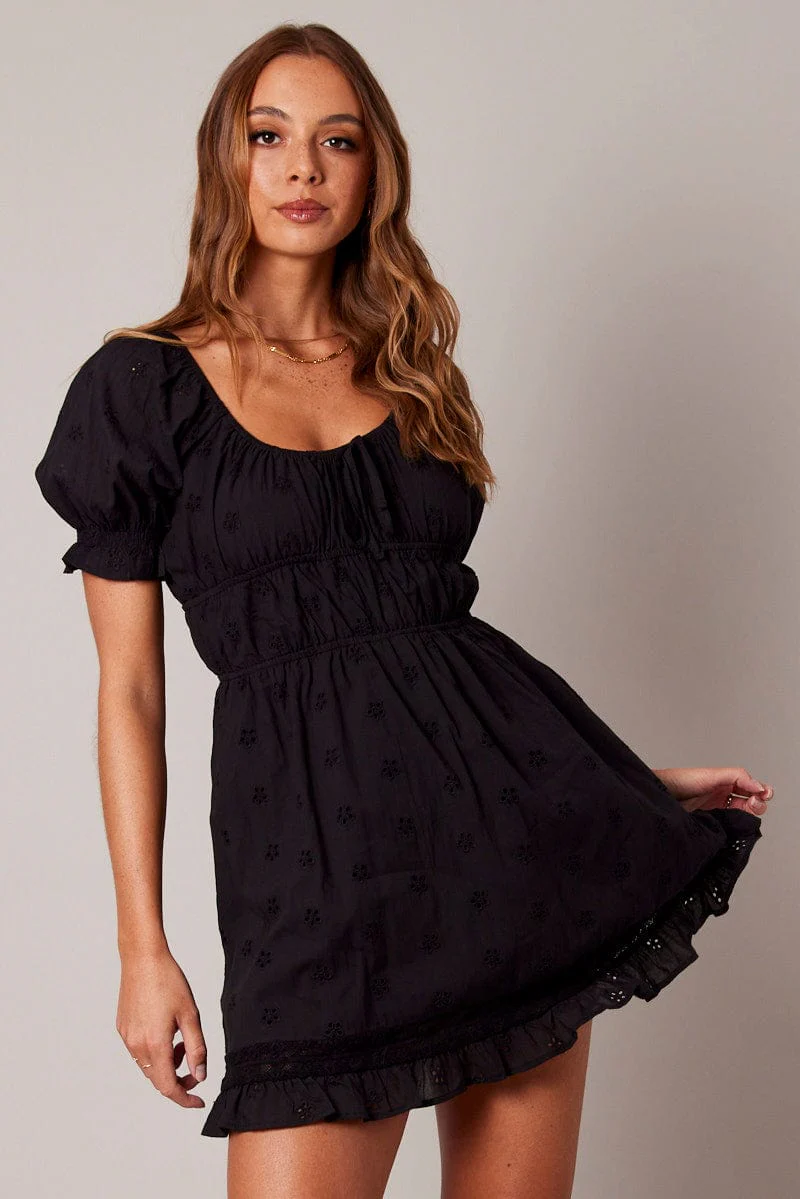 Black Fit And Flare Dress Puff Sleeve - Image 3