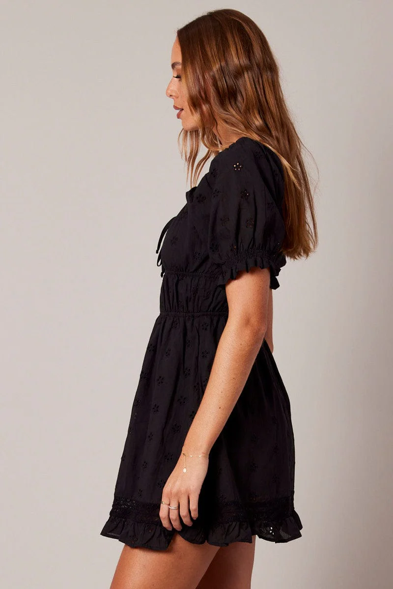 Black Fit And Flare Dress Puff Sleeve - Image 4