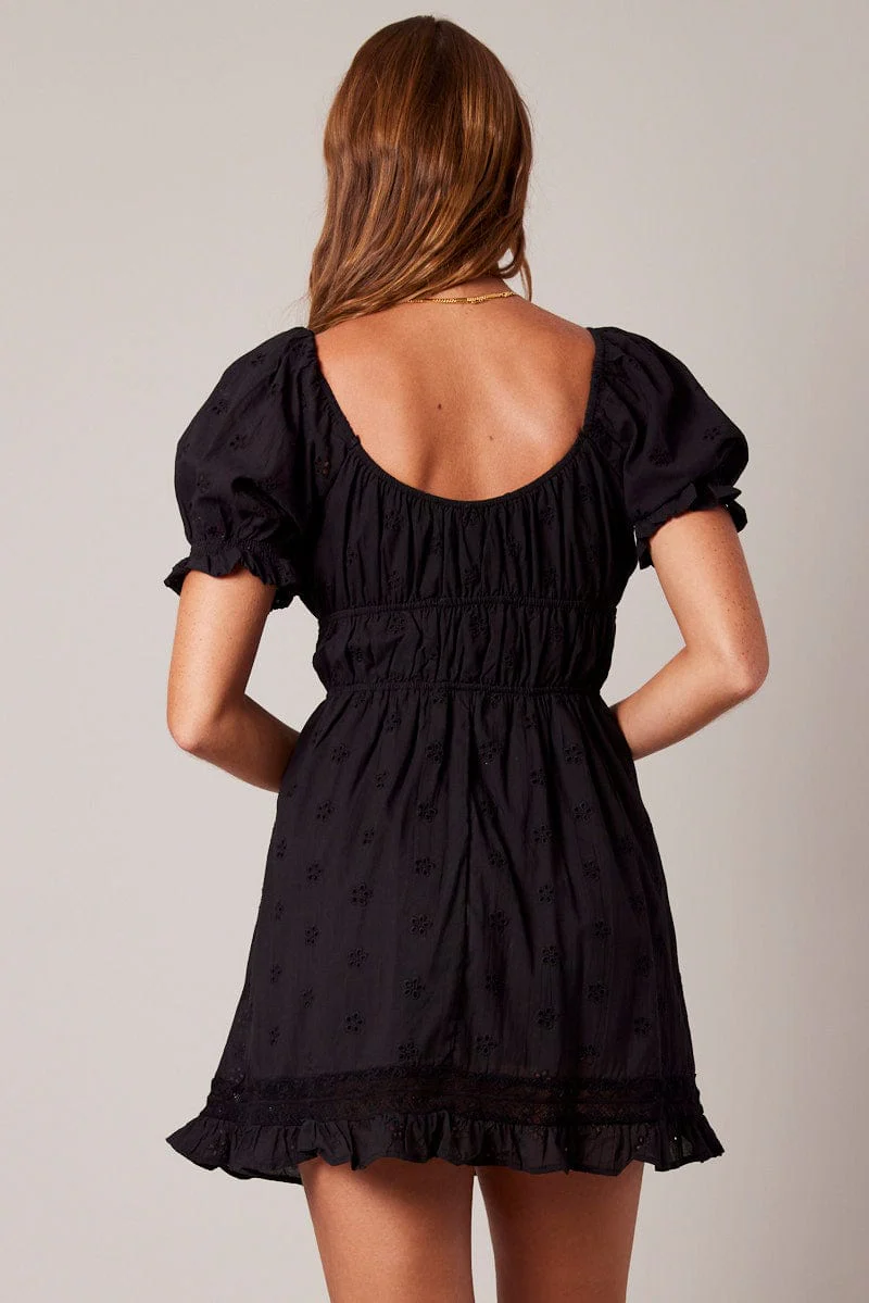 Black Fit And Flare Dress Puff Sleeve - Image 5