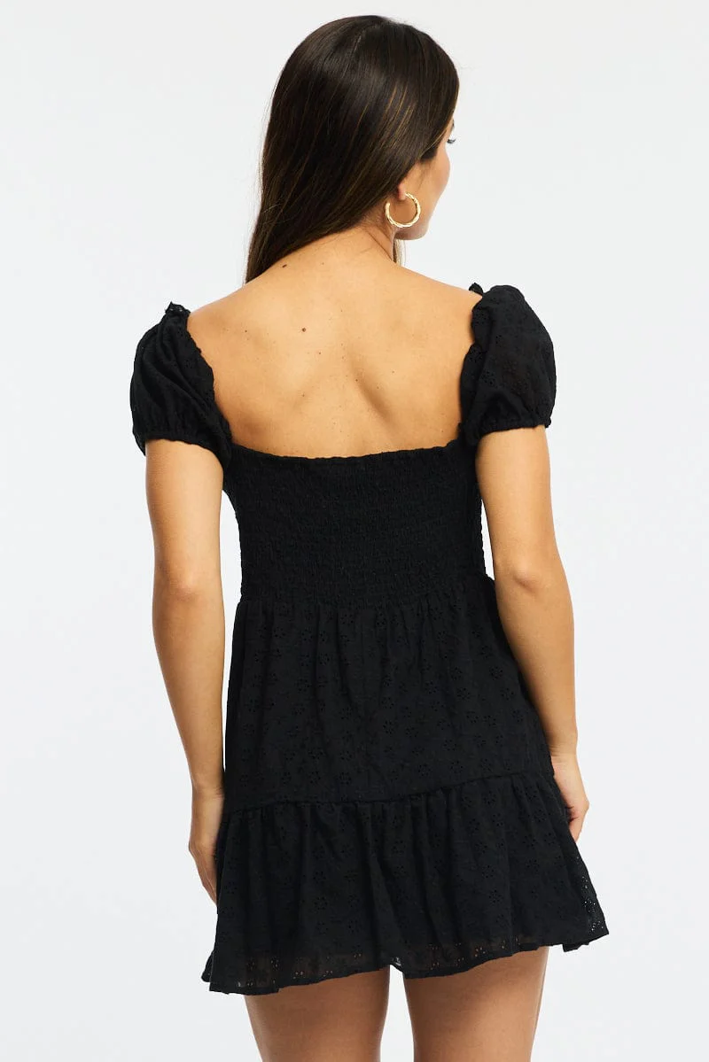 Black Fit And Flare Dress Puff Sleeve Eyelet Fabric - Image 4