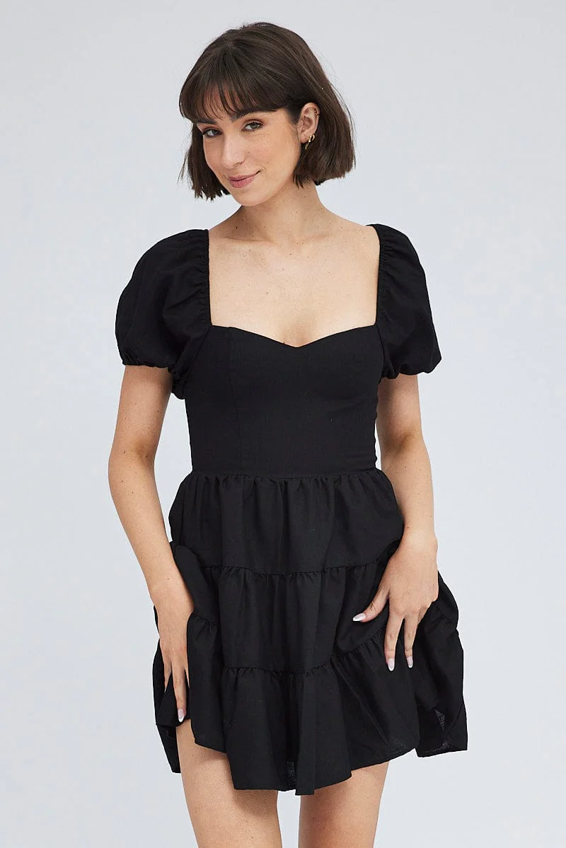 Black Fit And Flare Dress Puff Sleeve Mini - Image 3