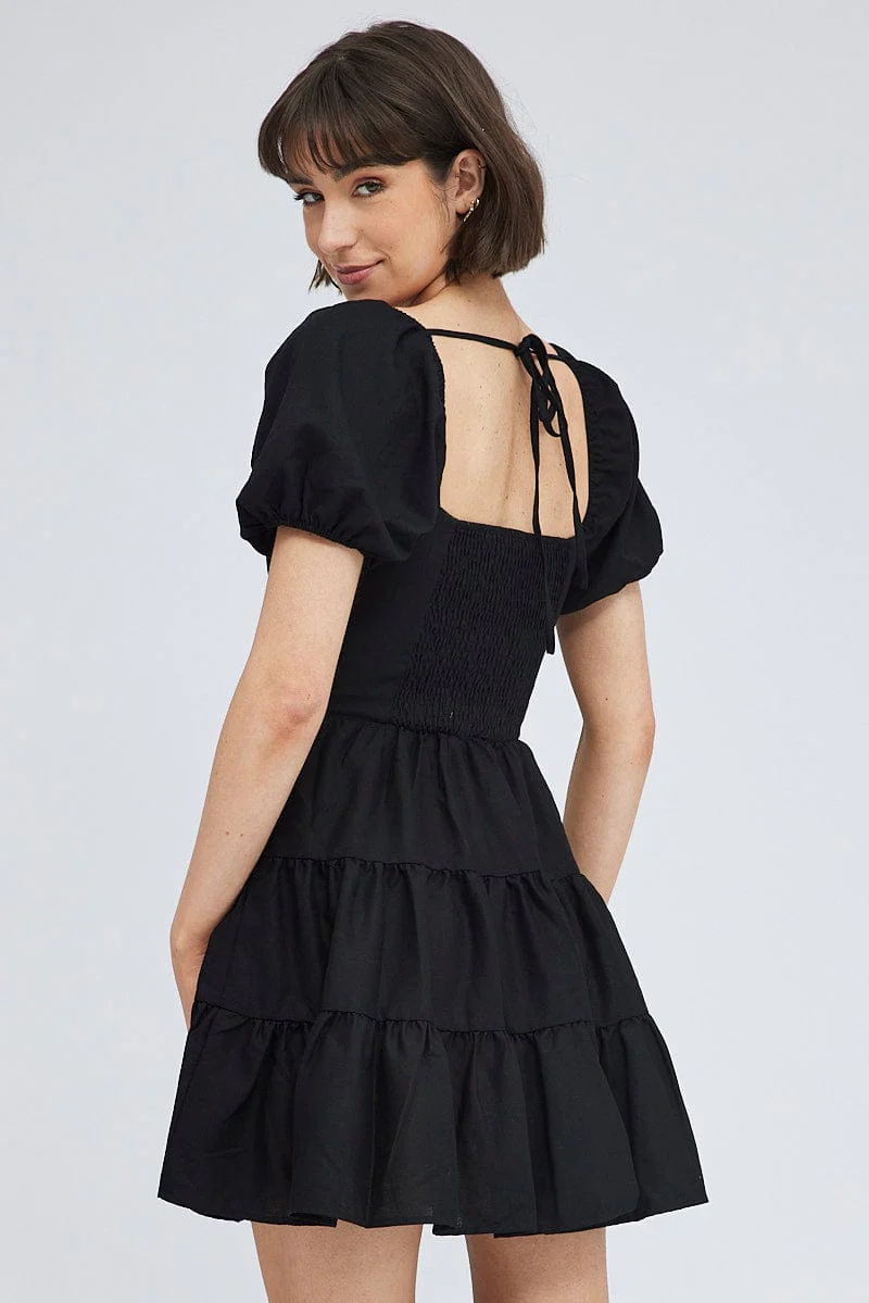Black Fit And Flare Dress Puff Sleeve Mini - Image 5
