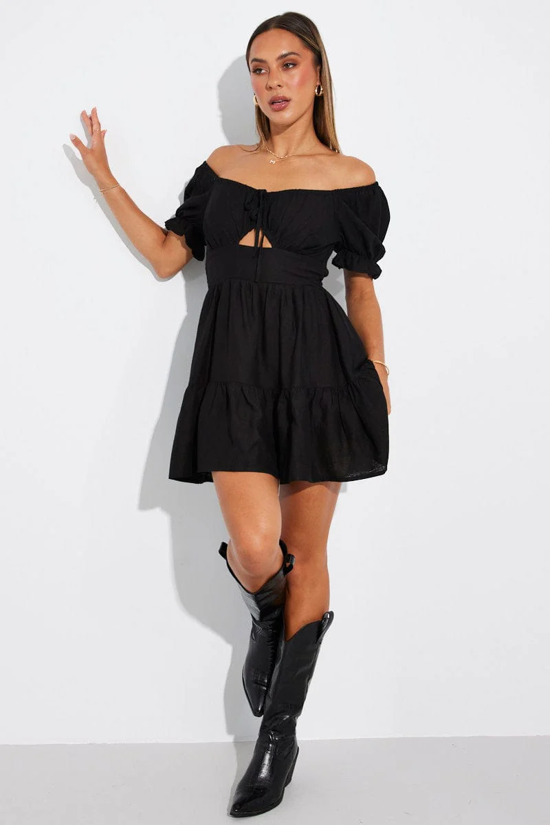 Black Fit and Flare Dress Short Sleeve Linen Blend - Image 2