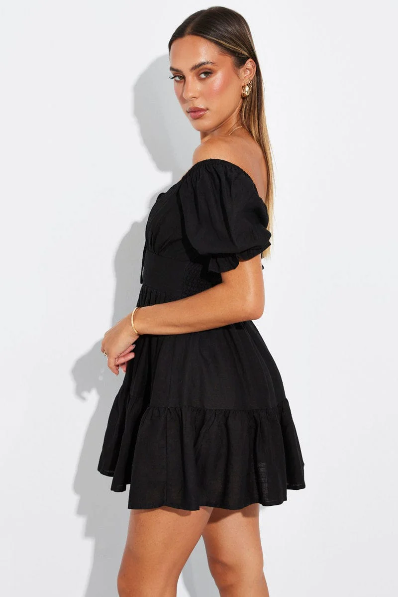 Black Fit and Flare Dress Short Sleeve Linen Blend - Image 4