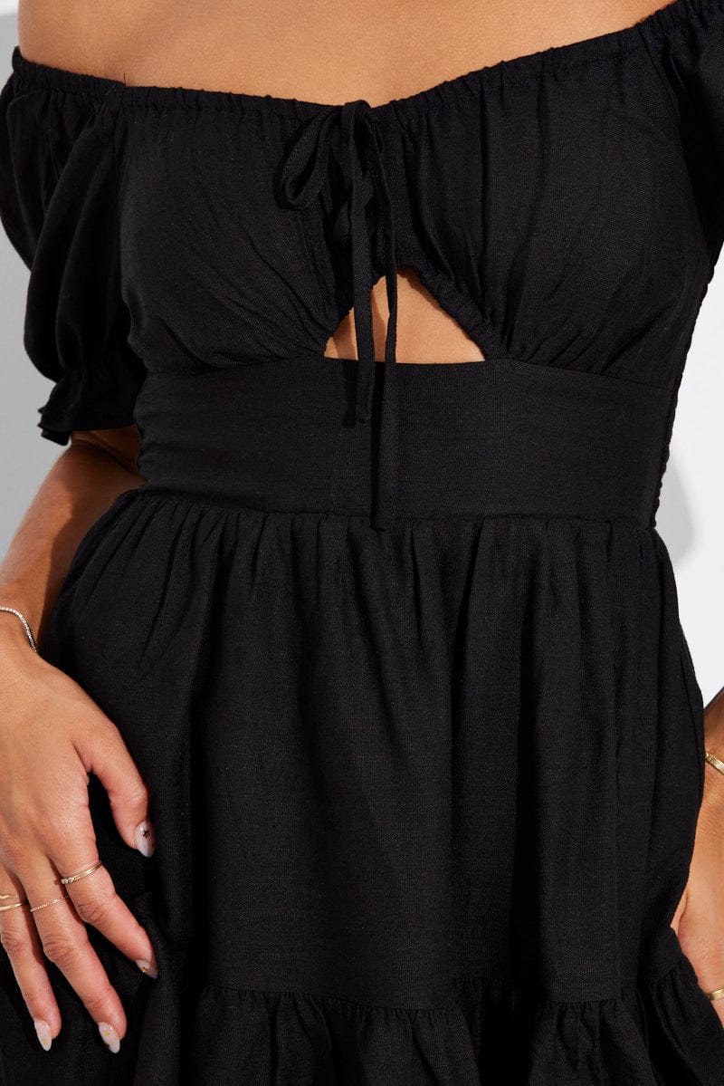 Black Fit and Flare Dress Short Sleeve Linen Blend - Image 6
