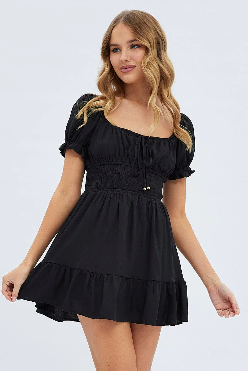 Black Fit And Flare Dress Short Sleeve Mini