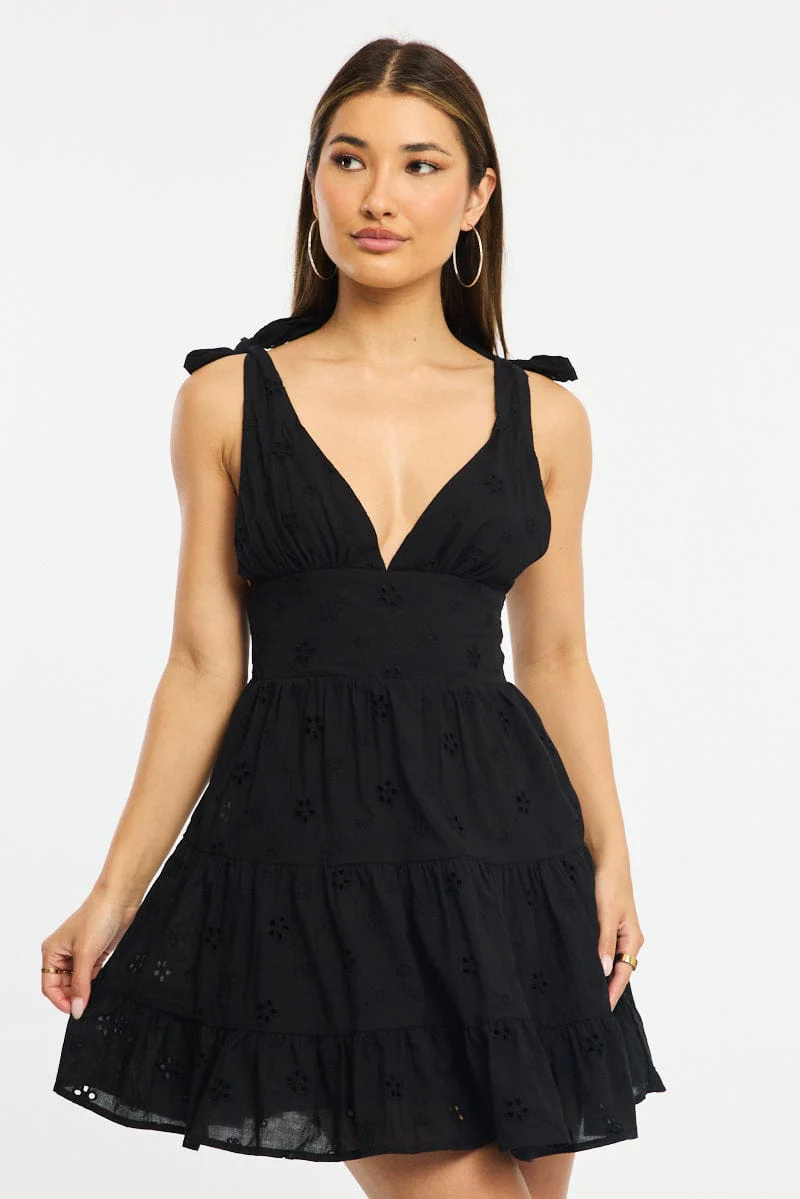 Black Fit And Flare Dress Shoulder Tie Eyelet Fabric