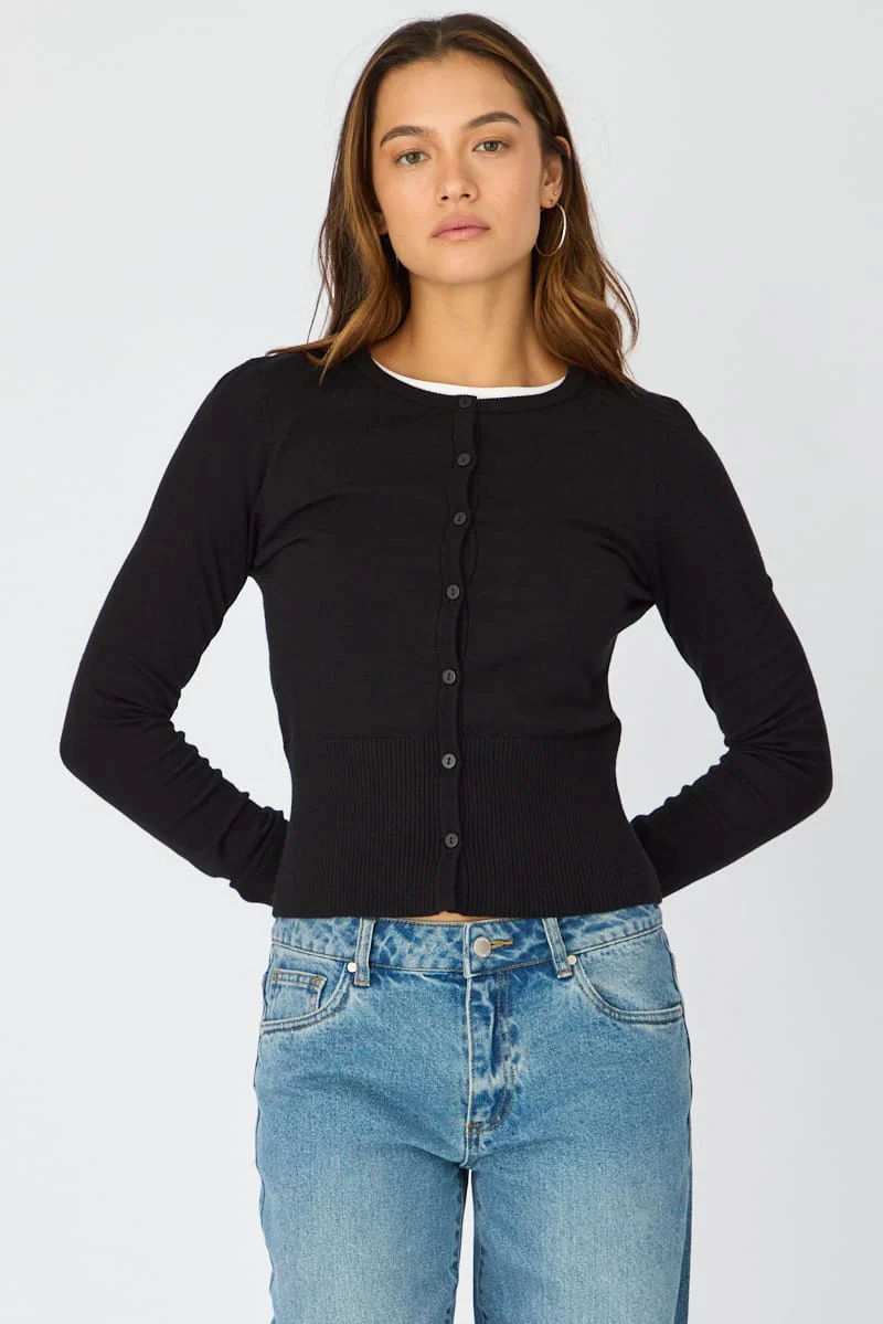 Black Fitted Cardigan Long Sleeve Crew Neck - Image 3