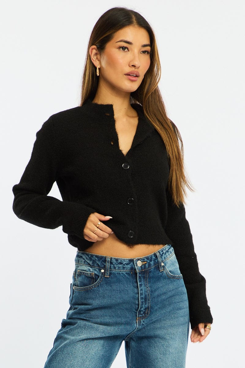 Black Fitted Cardigan Long Sleeve Crew Neck