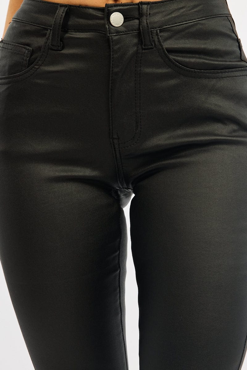 Black Flare Jeans High Rise Wet Look - Image 5