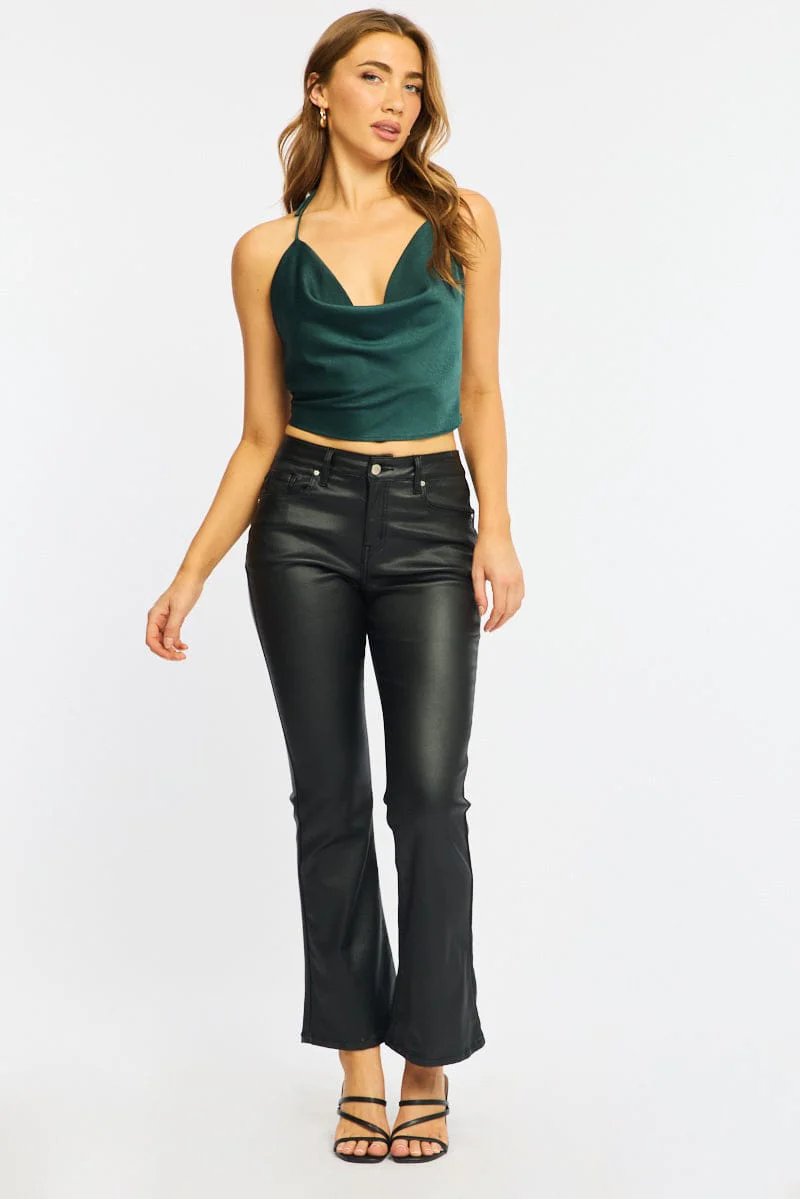 Black Flare Jeans High Rise Wet Look - Image 3