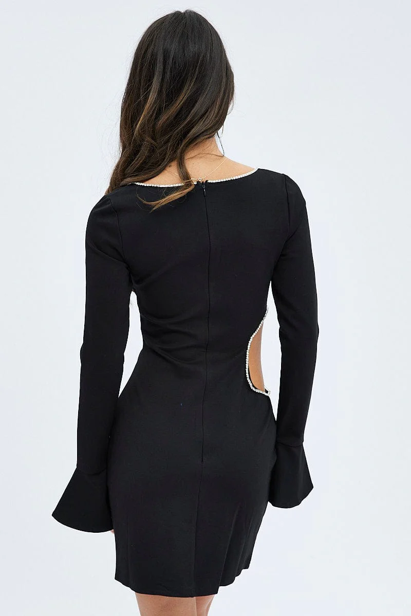 Black Flared Sleeve Cut Out Diamante Mini Dress - Image 5
