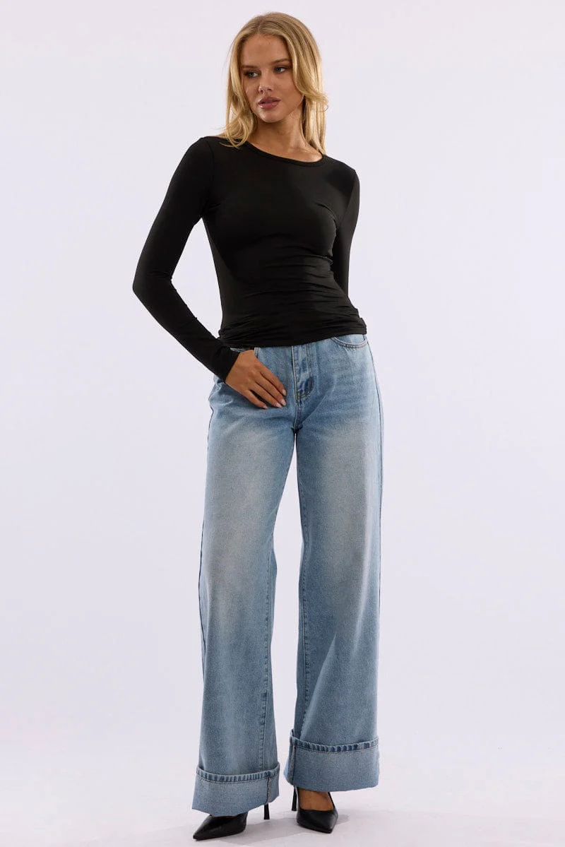 Black Fleece Lined Top Long Sleeve Crew Neck - Image 2