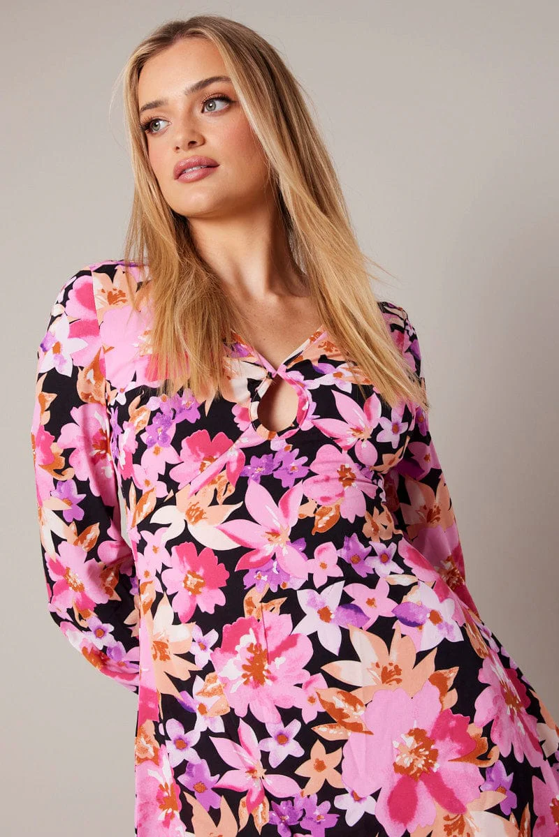 Black Floral Ballon Sleeve Dress Keyhole Swishy Skater Dress - Image 3
