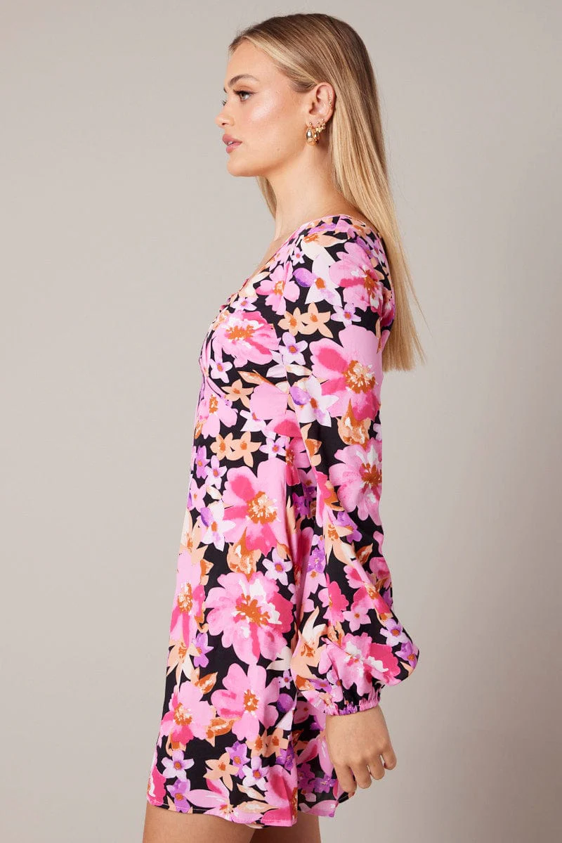 Black Floral Ballon Sleeve Dress Keyhole Swishy Skater Dress - Image 4