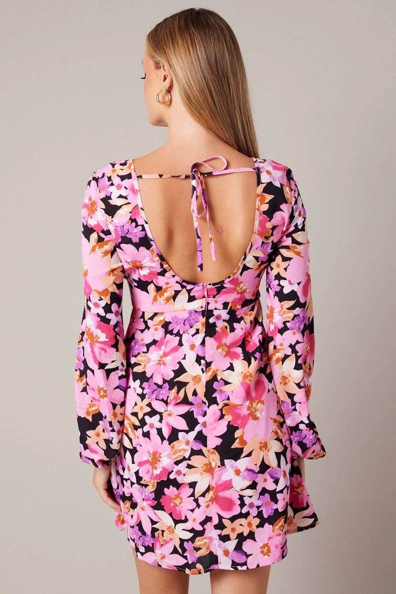 Black Floral Ballon Sleeve Dress Keyhole Swishy Skater Dress - Image 5