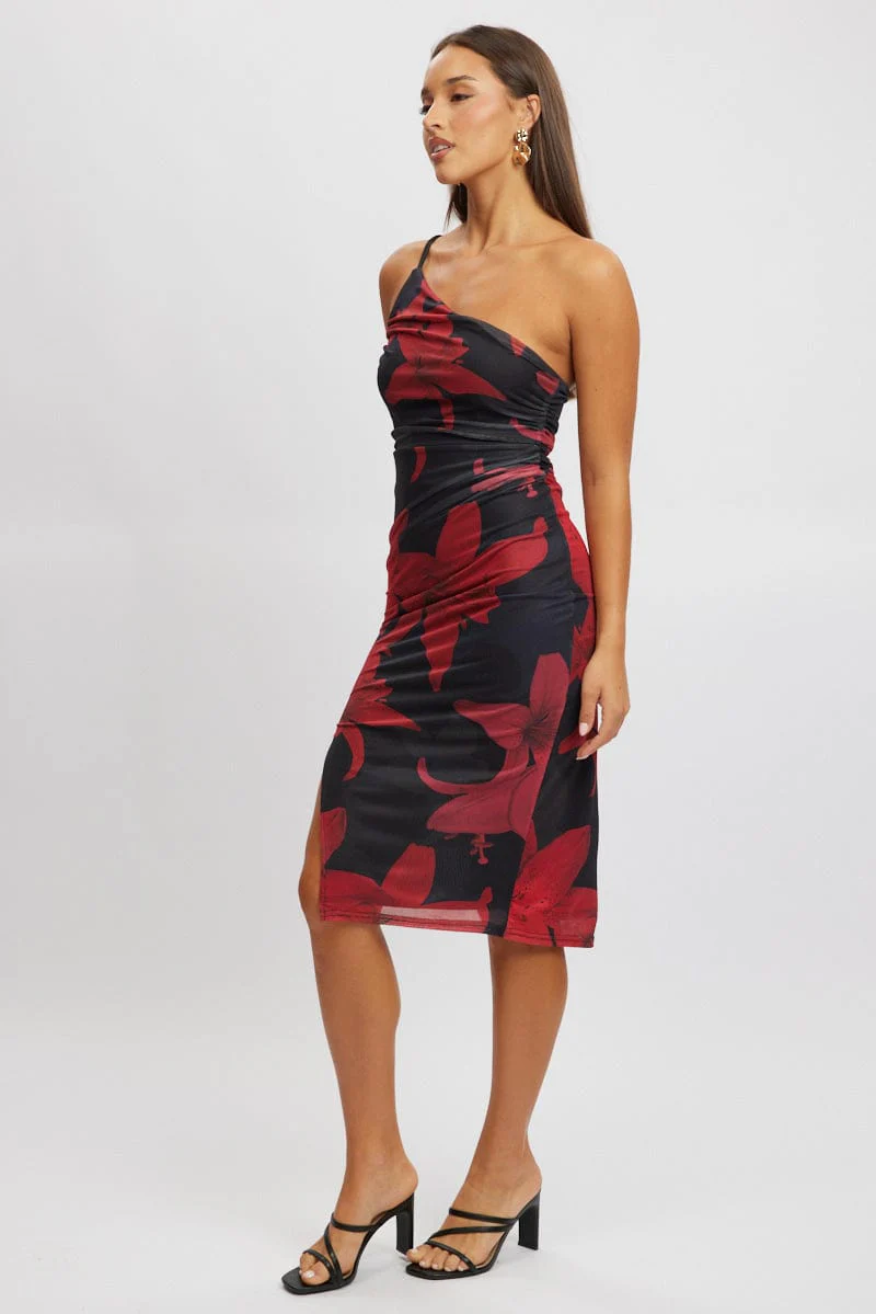Black Floral Bodycon Dress One Shoulder - Image 3