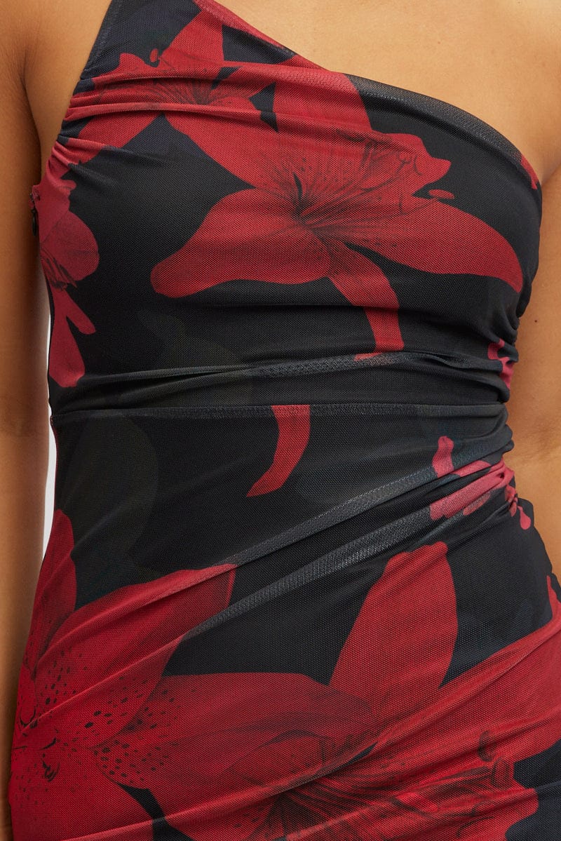 Black Floral Bodycon Dress One Shoulder - Image 5
