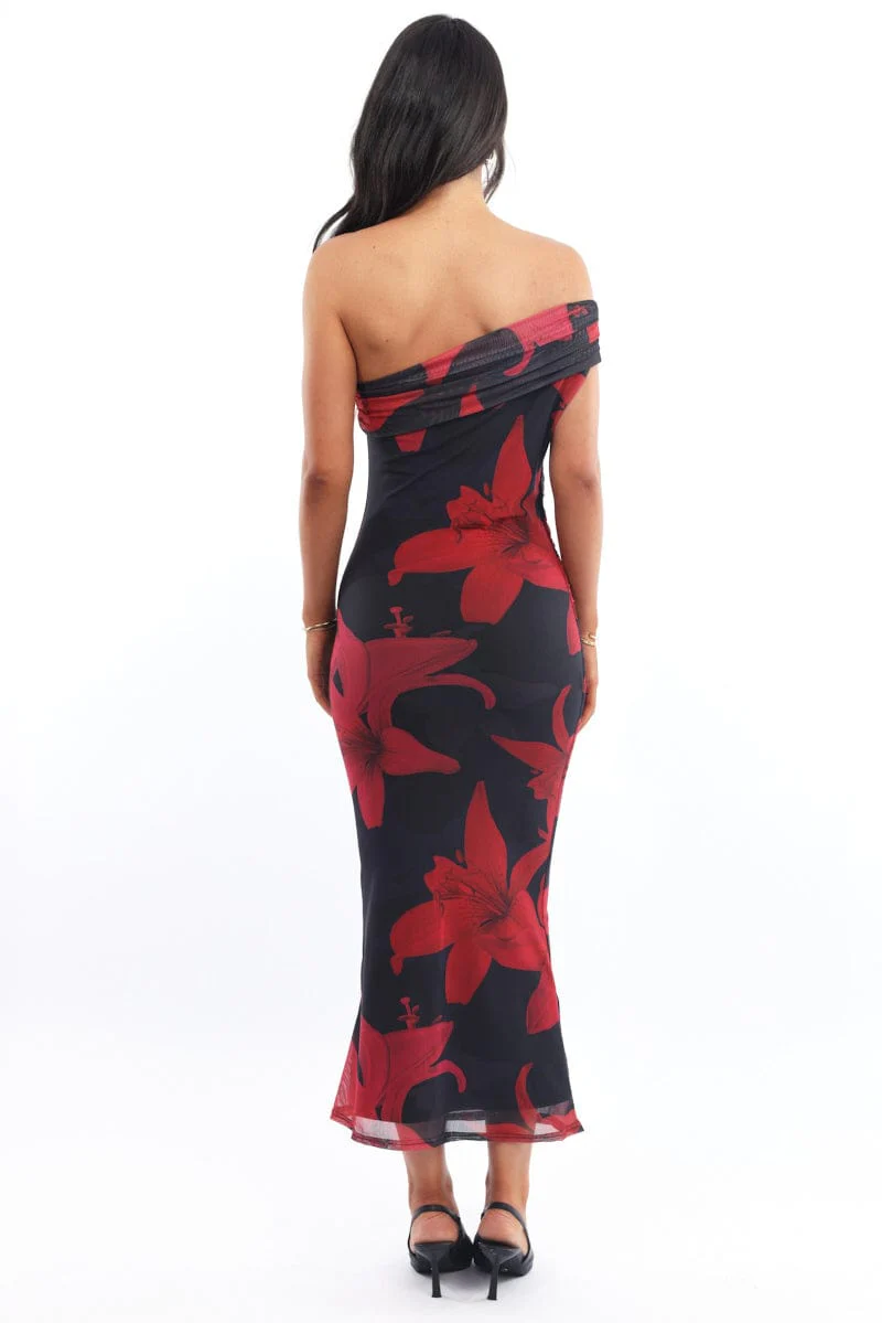 Black Floral Bodycon Dress One Shoulder Mesh - Image 3