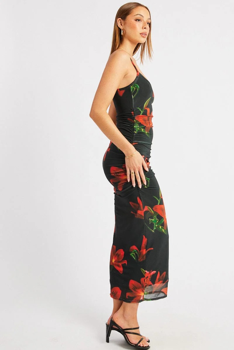 Black Floral Bodycon Dress Singlet Mesh - Image 4