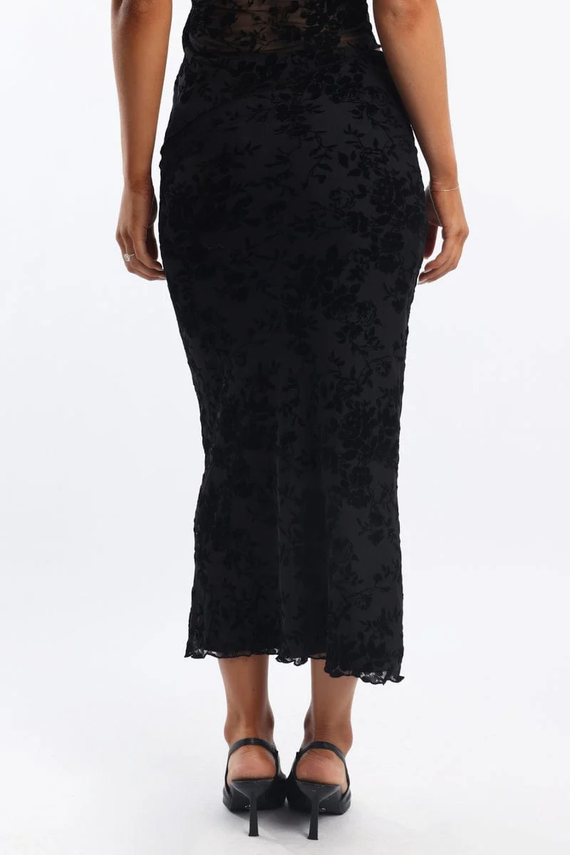 Black Floral Burnout Skirt Elasticated Picot Trim Midaxi - Image 4