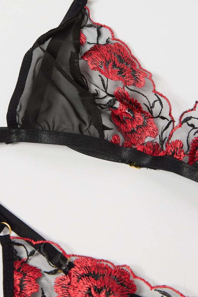 Black Floral Embroidery Lingerie Set - Image 3