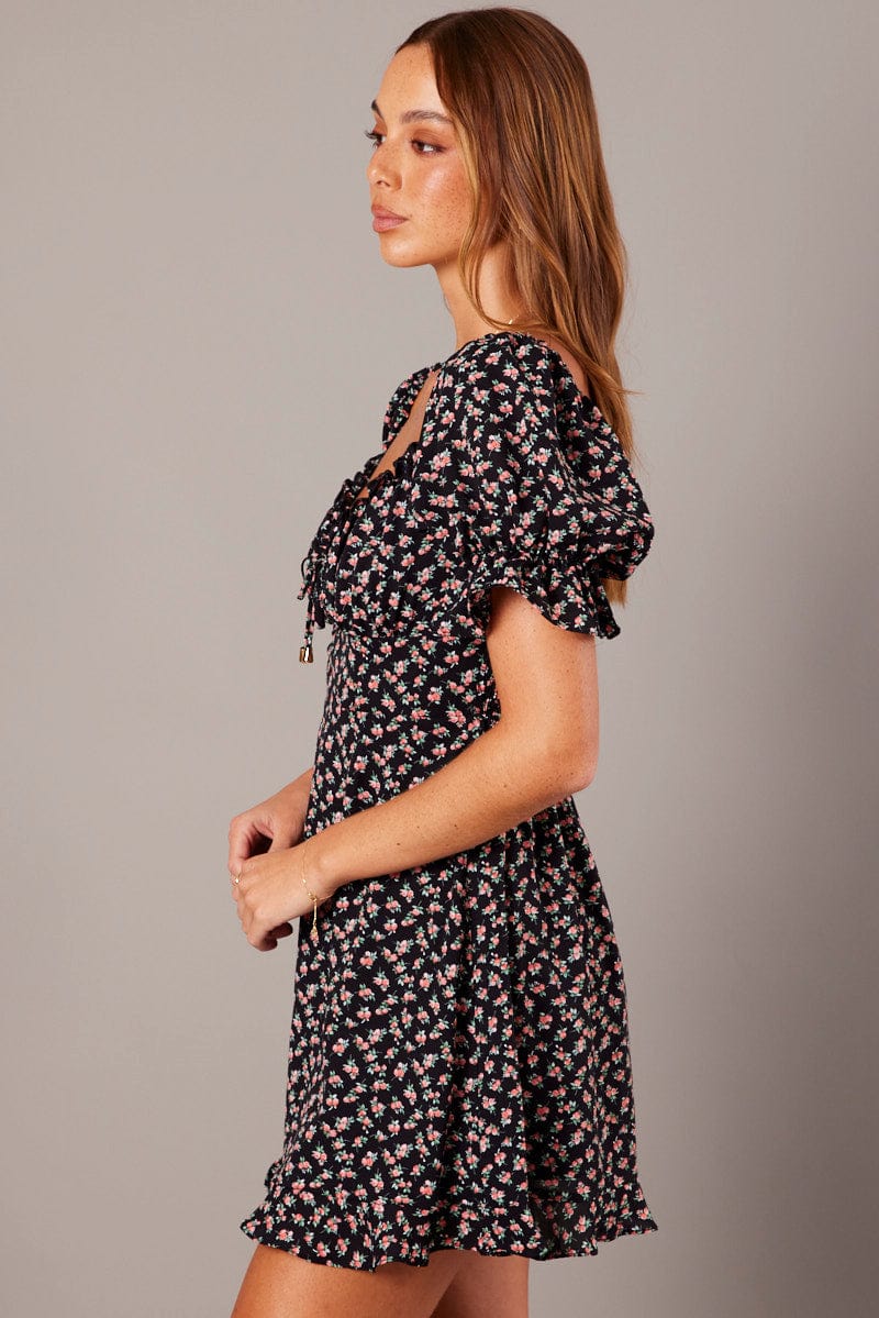 Black Floral Fit And Flare Dress Puff Sleeve - Image 4
