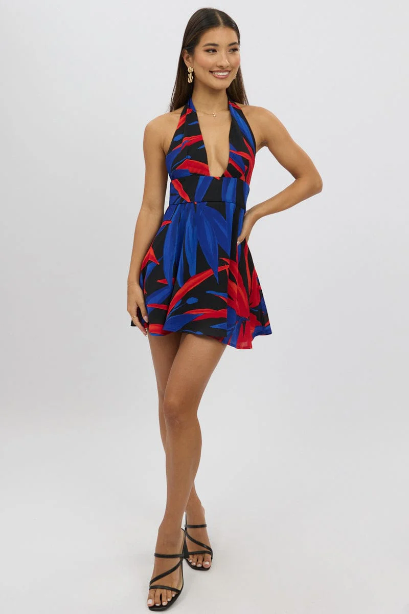Black Floral Halter Neck Dress Mini - Image 2