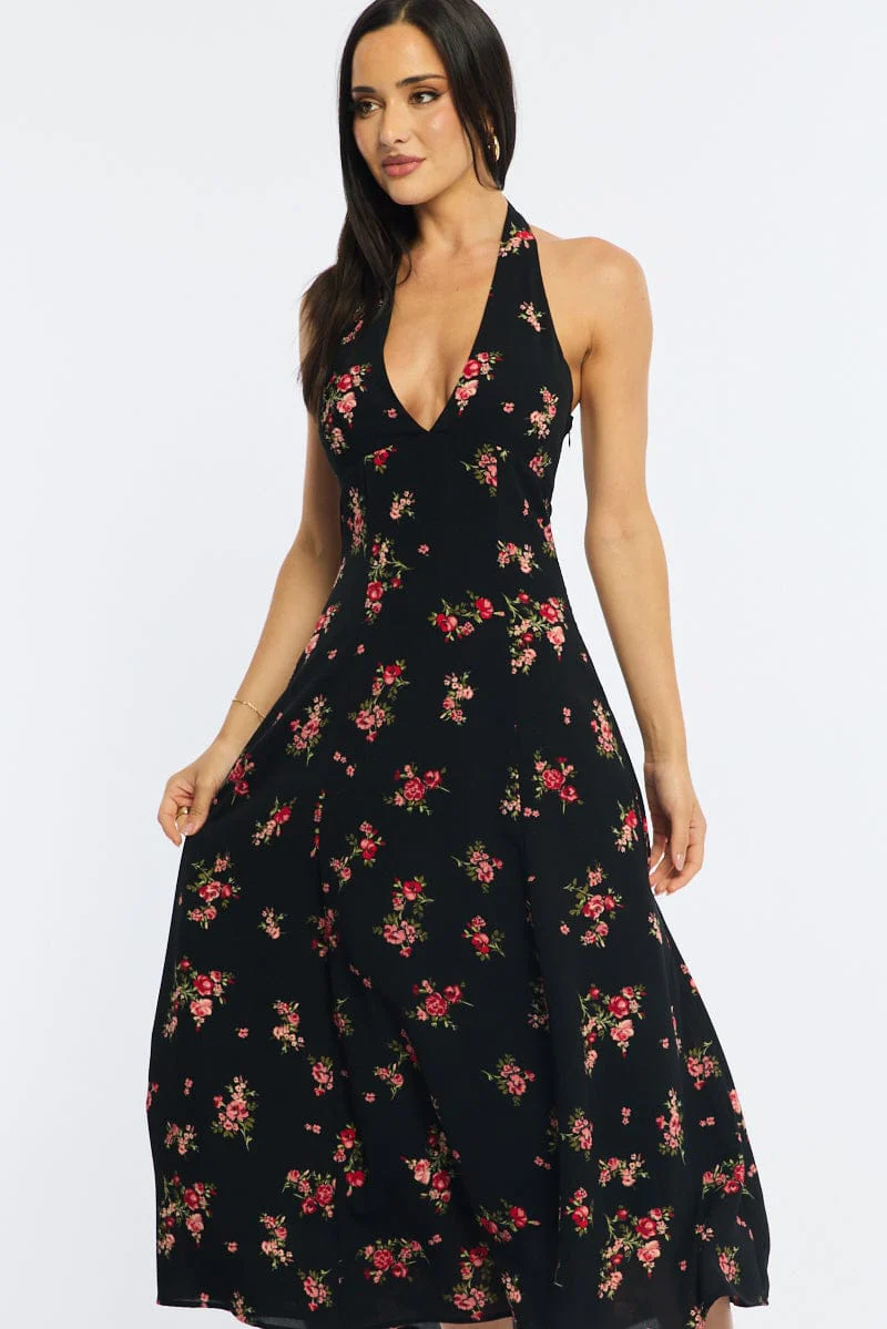 Black Floral Halter Neck Midi Dress - Image 2
