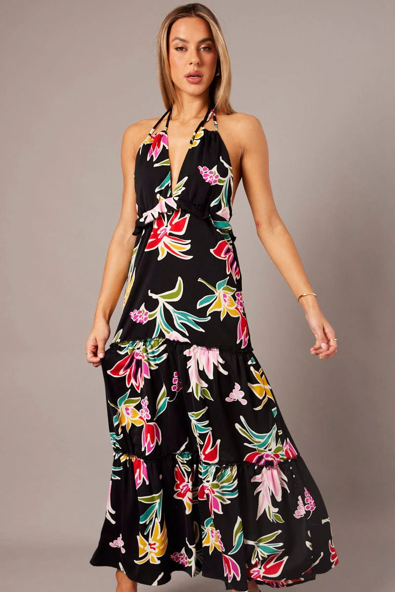 Black Floral Halter Neck Ruffle Tiered Maxi Dress - Image 3