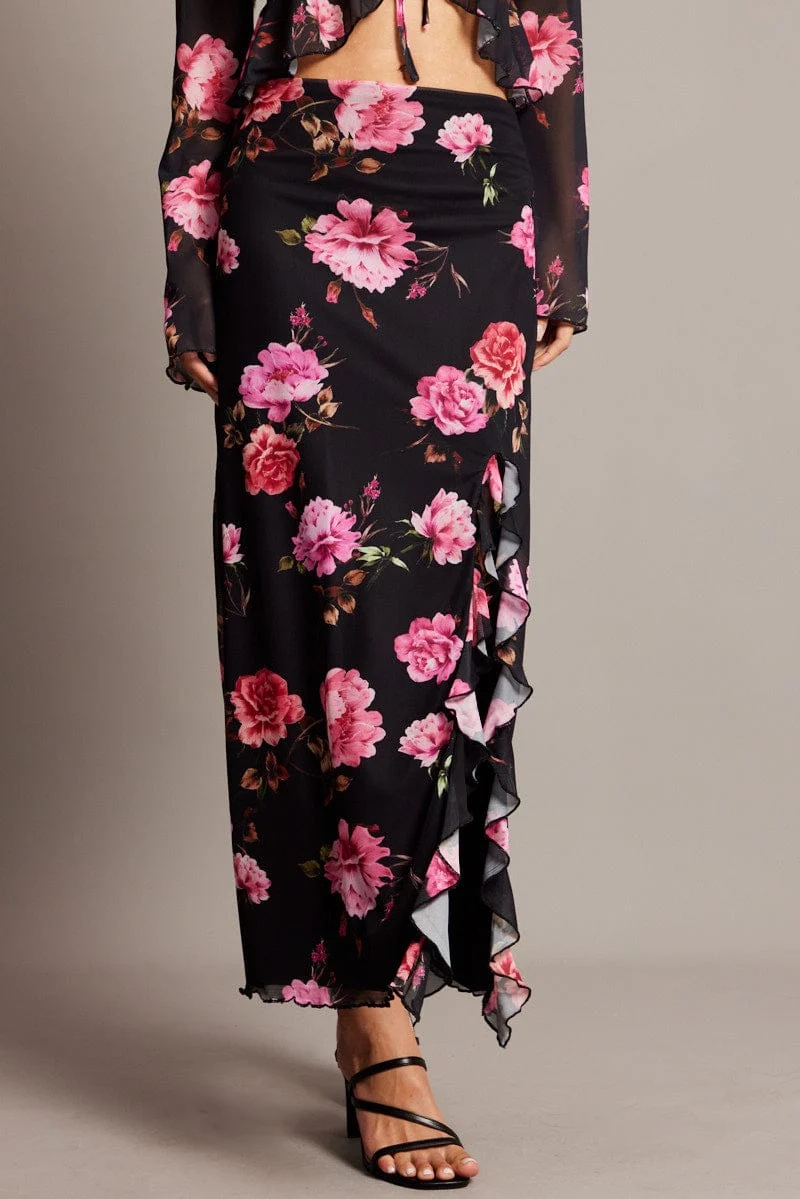 Black Floral Maxi Skirt High Rise Ruffled Slit Frill Hem Mesh - Image 3