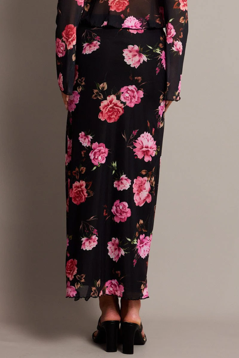Black Floral Maxi Skirt High Rise Ruffled Slit Frill Hem Mesh - Image 5