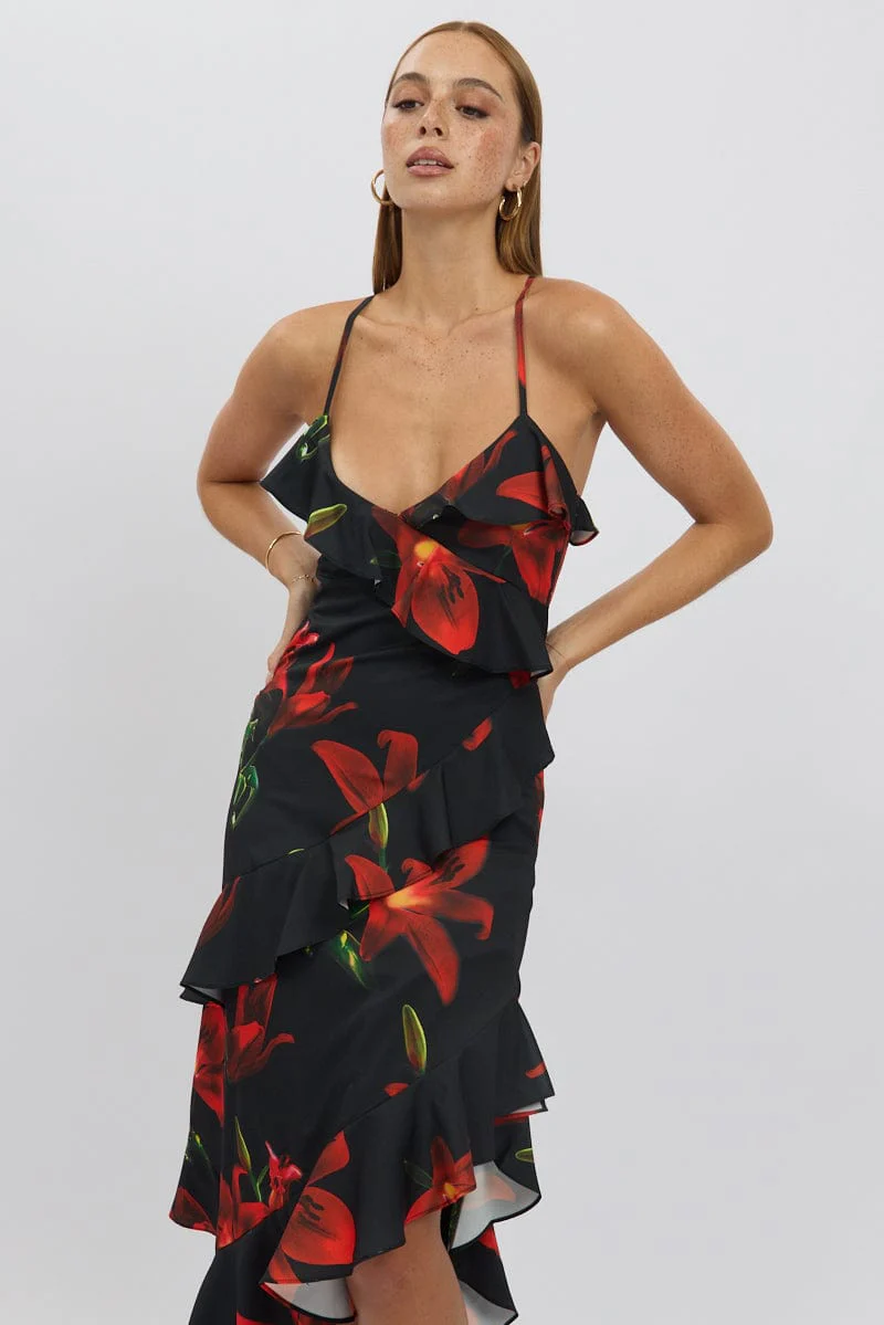 Black Floral Midi Dress Ruffle Detail - Image 2