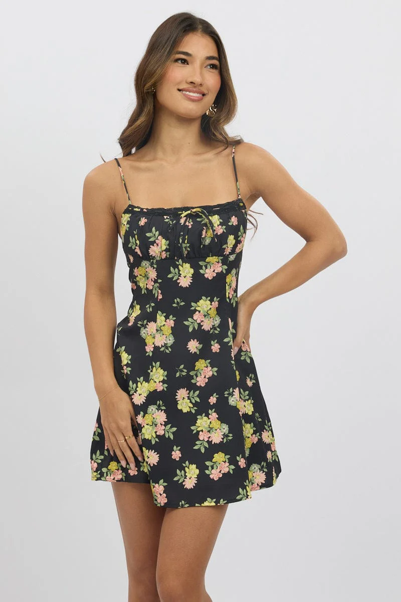 Black Floral Mini Dress Strappy - Image 2