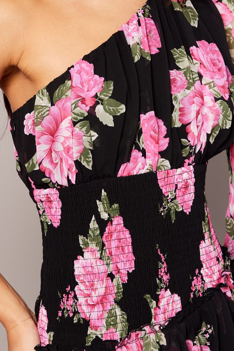 Black Floral One Shoulder Balloon Sleeve Layered Skater Dress - Image 6