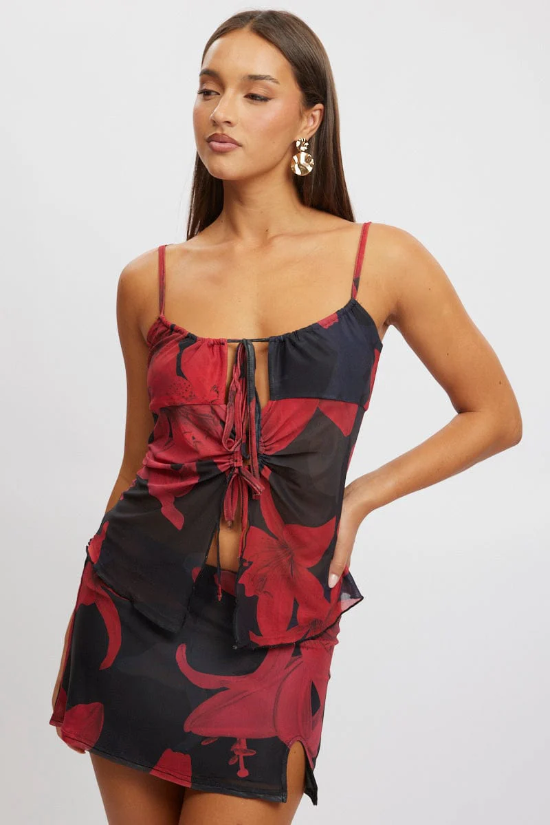 Black Floral Singlet Top Tie Up Front - Image 3