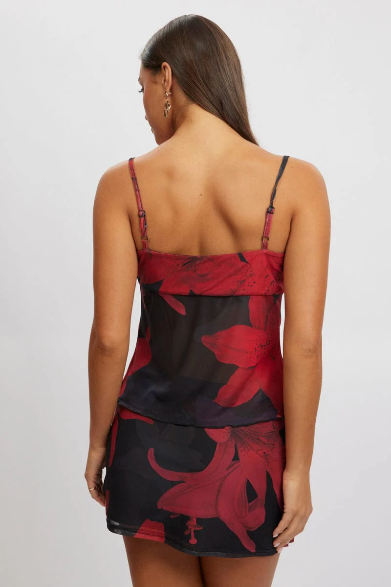 Black Floral Singlet Top Tie Up Front - Image 5