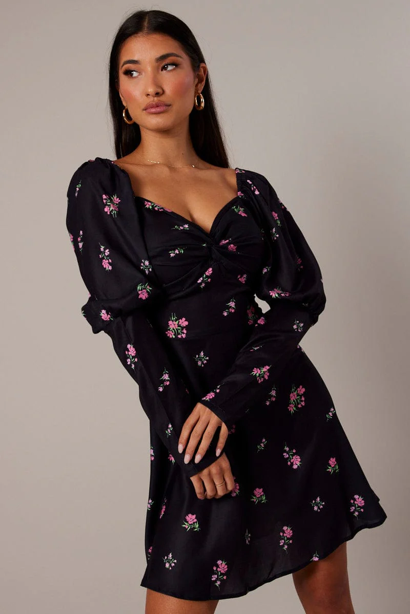 Black Floral Skater Dress Puff Sleeve Dress Swishy - Image 2