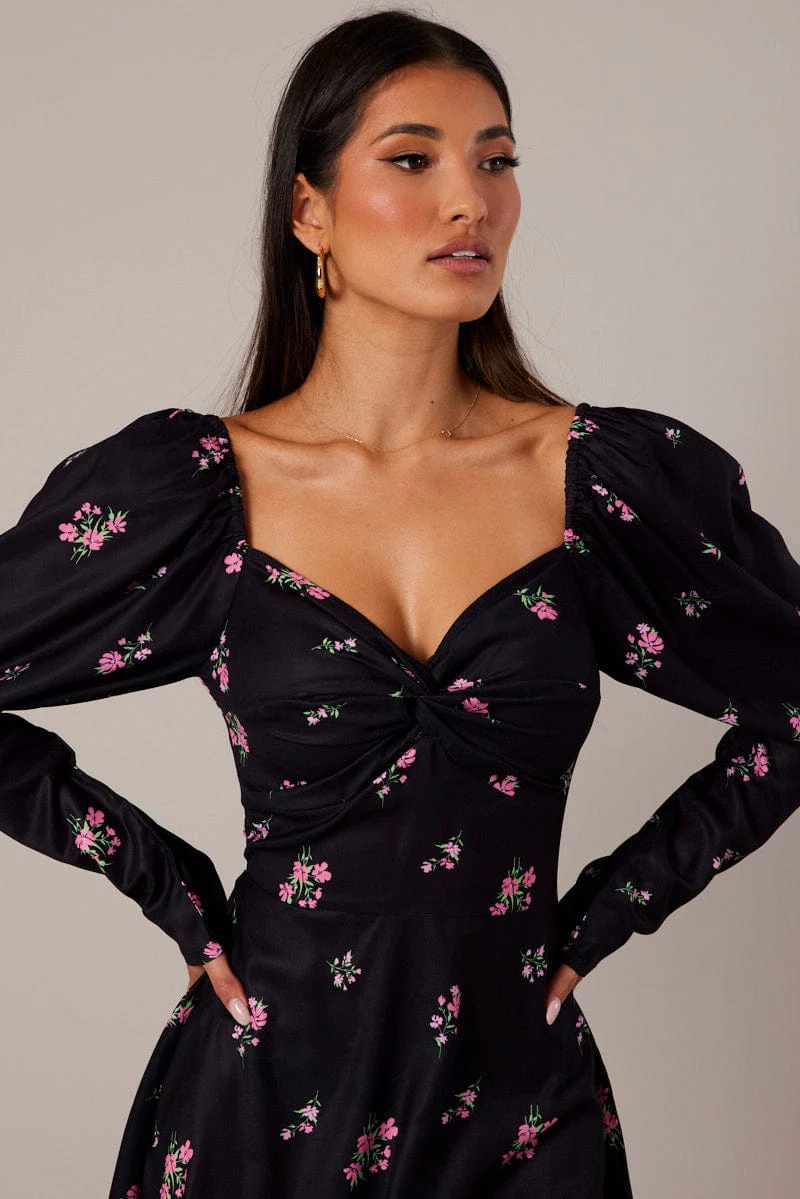 Black Floral Skater Dress Puff Sleeve Dress Swishy - Image 3