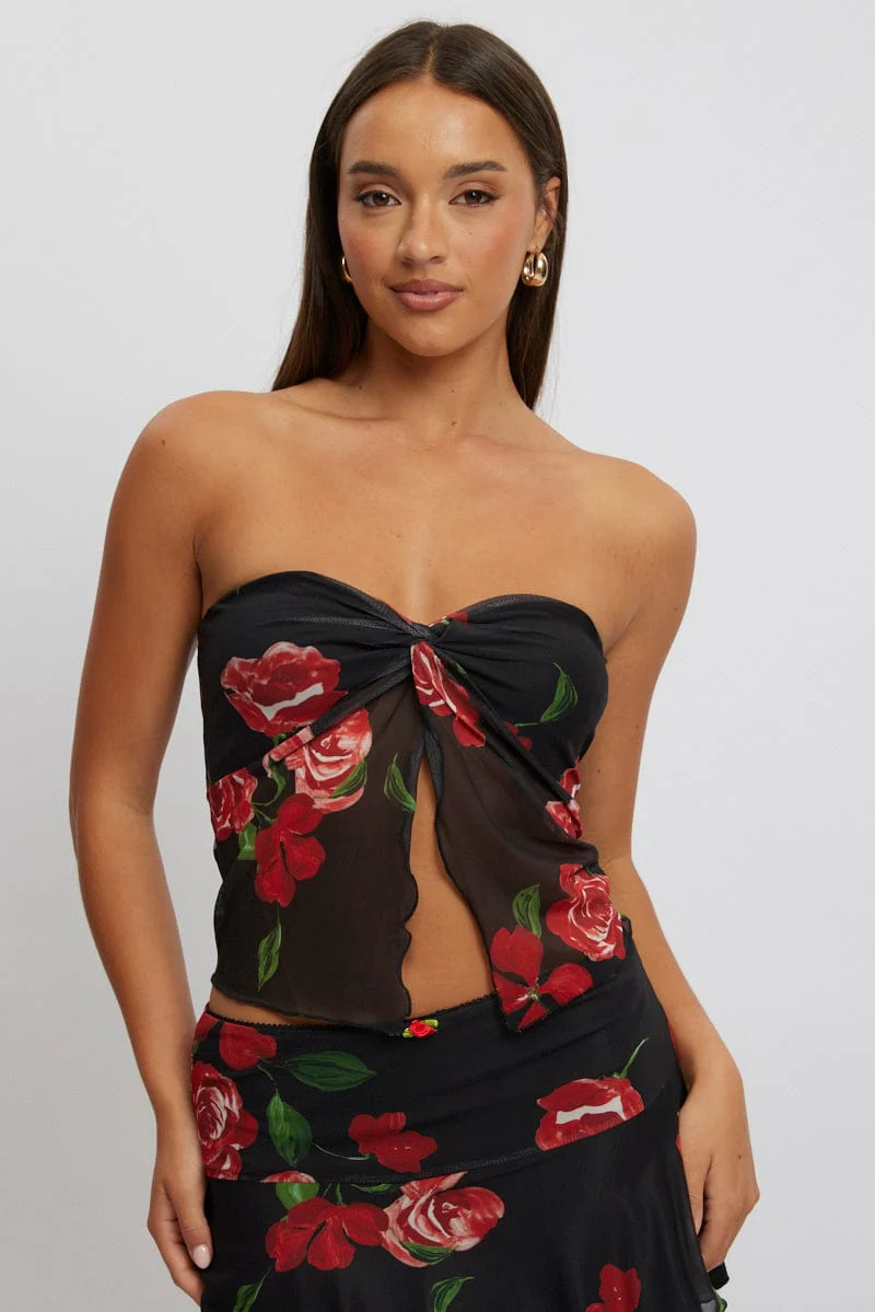Black Floral Twisted Bandeau Top Mesh - Image 2