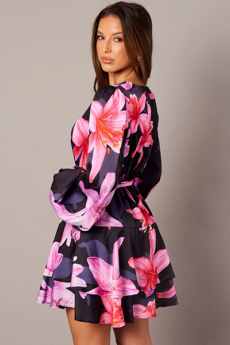 Black Floral Wrap Dress Balloon Sleeve Floaty Skater Dress - Image 5