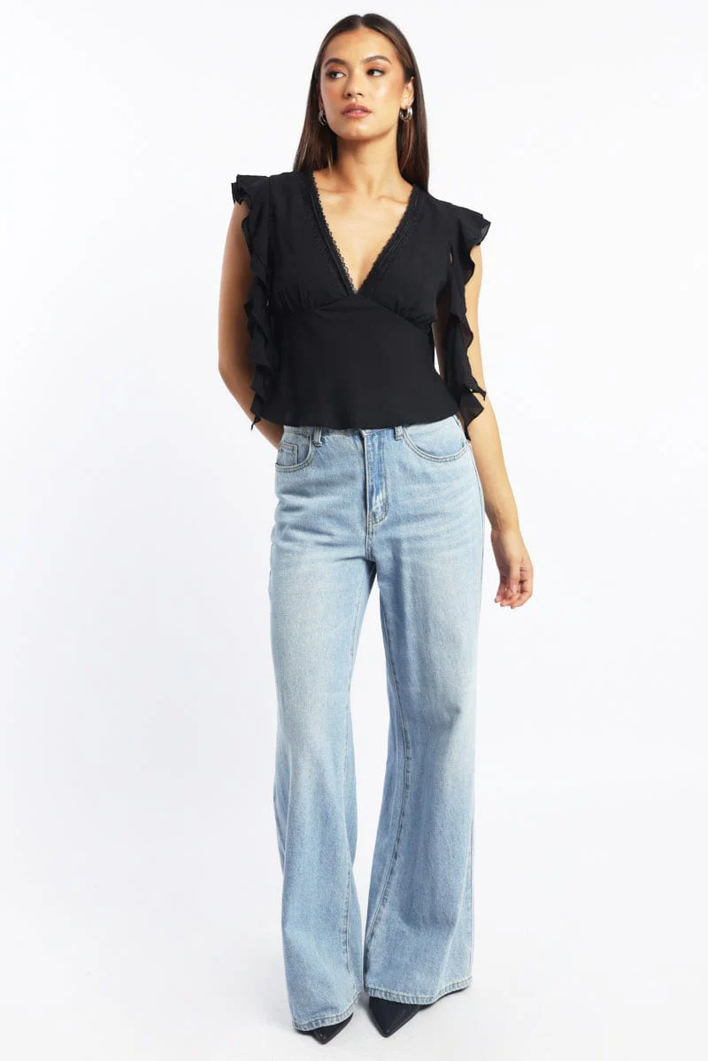 Black Frilled Top Sleeveless V-Neck Lace Trim - Image 2