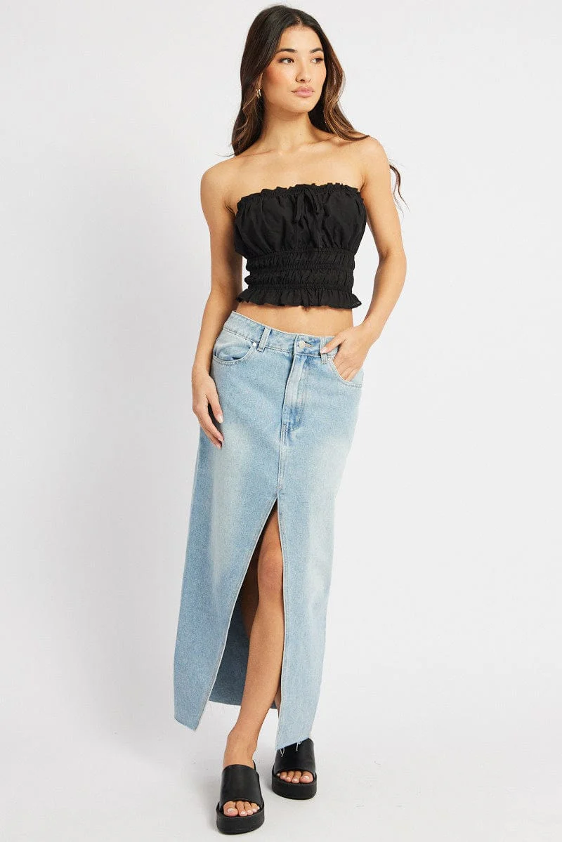 Black Gathered Crop Top Strapless - Image 2