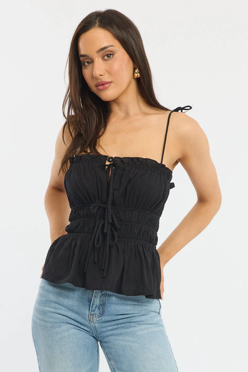 Black Gathered Tie Cami Sleeveless Notched Front