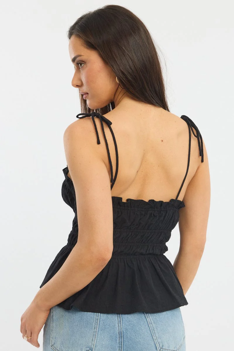 Black Gathered Tie Cami Sleeveless Notched Front - Image 4