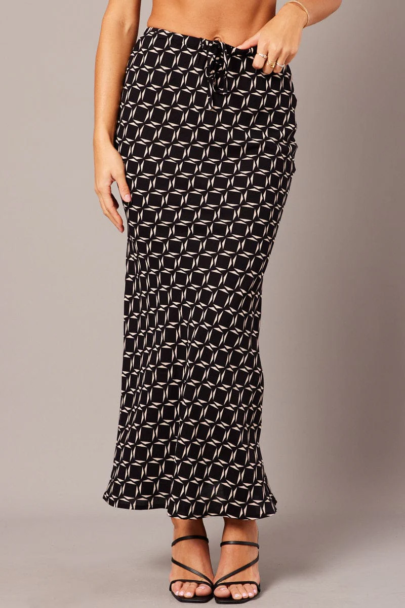 Black Geo Slip Skirt Maxi Drawstring Waist - Image 3