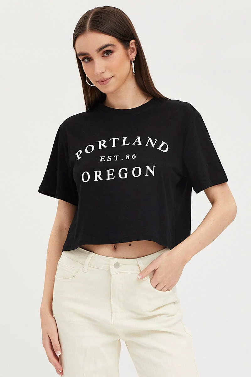 Black Graphic T Shirt Short Sleeve Crop - Image 3
