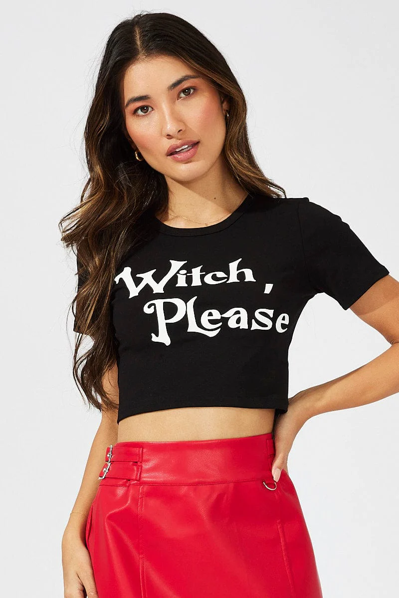 Black Halloween Tee Witch Slogan Crop Baby T-shirt - Image 4