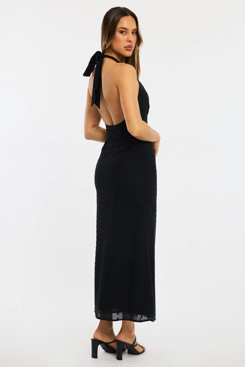 Black Halter Neck Dress Eyelet Fabric - Image 4